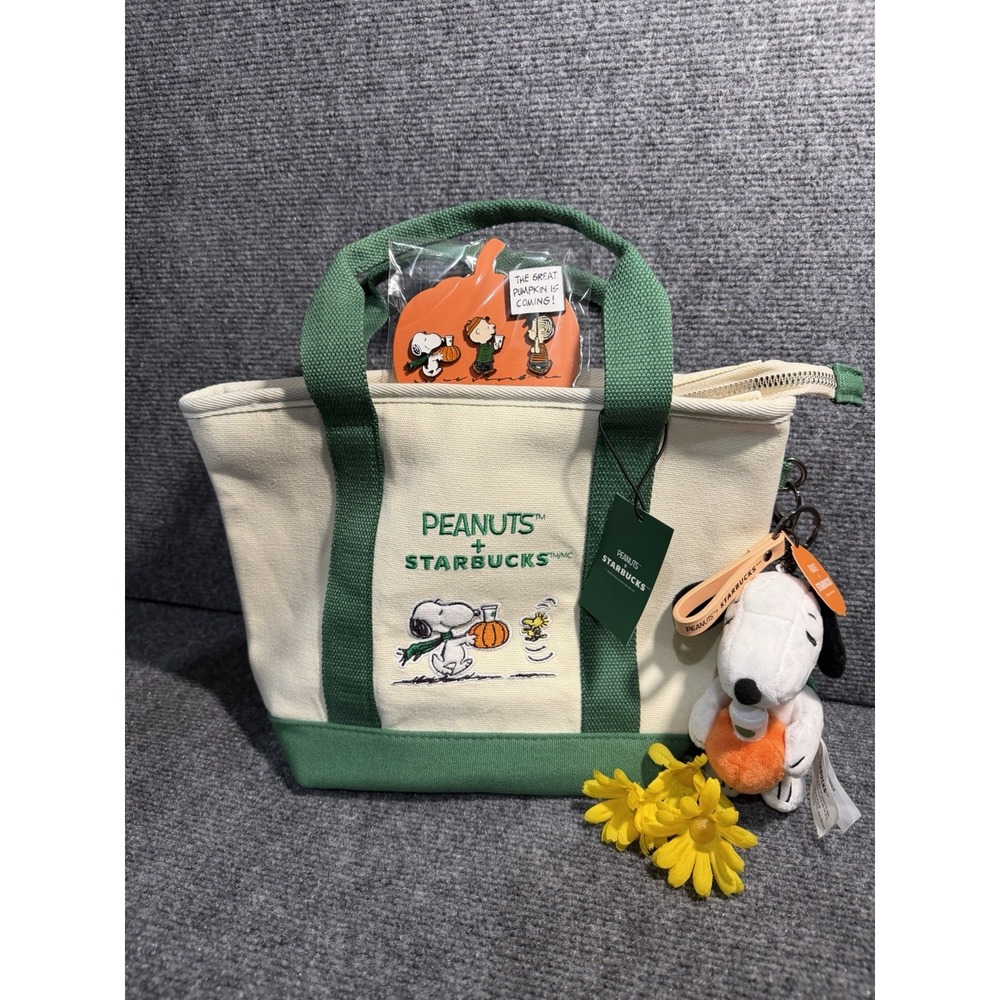 Starbucks x Peanuts Snoopy Mini Tote Canvas Bag Keychain Pins White Green NEW
